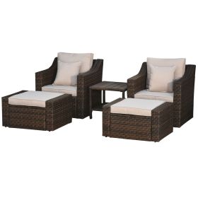 Outsunny 5-Piece PE Rattan Outdoor Patio Armchair Set with 2 Chairs, 2 Ottomans, Coffee Table Conversation Set & Durable Build, Beige