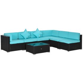 Outsunny 7-Piece Wicker Patio Conversation Set with Cushions & Glass Table, Turquoise