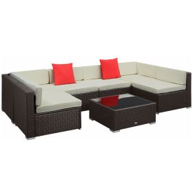 Outsunny 7 Piece Outdoor Patio Furniture Set Rattan Sectional Sofa with White Cushions for Backyard Garden