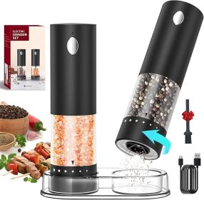 Electric Salt and Pepper Grinder Set Rechargeable Salt and Pepper Mills with 6-Level External Adjustable Coarseness, White LED Light and Storage