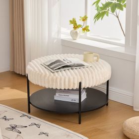 30.9"Wide Upholstered Round Ottoman Coffee Table Foot Rest with Black Metal Legs, Footstool with Wooden Open Storage Shelf