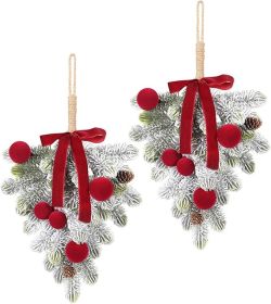 Flocking Christmas Decorations, 2PCS Artificial Burgundy Velvet Bow Ball Wreaths Front Door Hanging Decoration