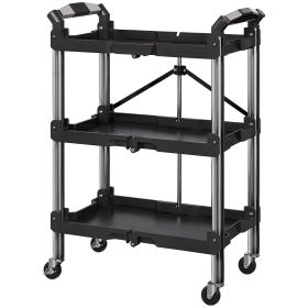 3-Tier Collapsible Tool Cart with Wheels, 150 LBS Capacity Folding Utility Cart with Handles for Garage Workshop, Black