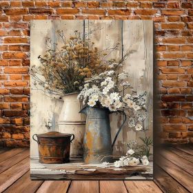 1 Piece Framed Wooden Canvas Painting, Rustic Wood Frame Canvas Art - Cream Yellow Wood Grain With White Jasmine Flowers With Rust Colored Wateri (Option: 16x12inch)