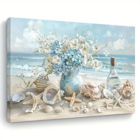 1 Piece Framed Wooden Canvas Painting, One Piece Blue Vase Floral Canvas Print, Wooden Frame Wall Art, Shell And Ocean Theme, Home And Office Dec (Option: 12x8inch)