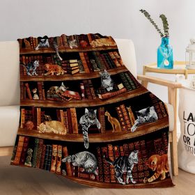 Vintage Kitten Flannel Blanket Cat In The Bookshelf Throw Blanket Librarian Book Lover Gifts Fleece Blankets For Bed Couch Sofa (Option: 150x200cm-Orange)