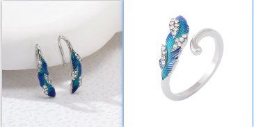 Bright Blue Feather Earring Ring Alloy Earring (Option: Set)