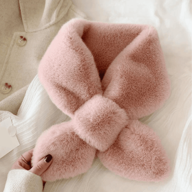 Fake Rabbit Fur Collar Scarf Women Warm Fur Cross Winter Scarf (Color: Pink)