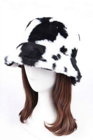 Cow Print Faux Fur Bucket Hat (Color: Black, size: O/S)