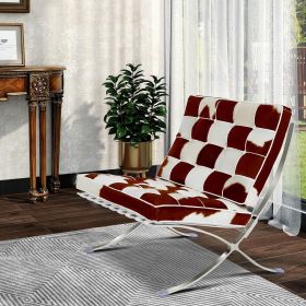 Mid-century Horse Fur Leather Lounge Chair Club Seat Chair Foldable high-end accent Chair , ottoman (Color: White + Brown, Model: Lounge chair Only)