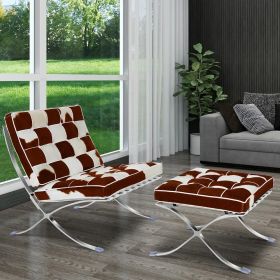 Mid-century Horse Fur Leather Lounge Chair Club Seat Chair Foldable high-end accent Chair , ottoman (Color: White + Brown, Model: Lounge chair with ottoman)