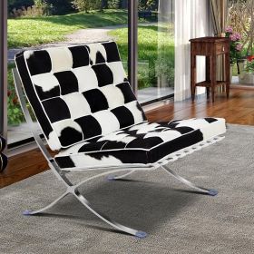 Mid-century Horse Fur Leather Lounge Chair Club Seat Chair Foldable high-end accent Chair , ottoman (Color: White + Black, Model: Lounge chair Only)