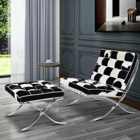 Mid-century Horse Fur Leather Lounge Chair Club Seat Chair Foldable high-end accent Chair , ottoman (Color: White + Black, Model: Lounge chair with ottoman)